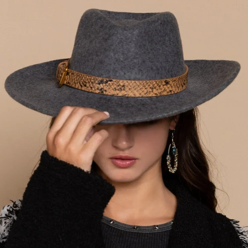 NWT POL Snakeskin Buckle Grey Wool Wide Brim Fedora Hat